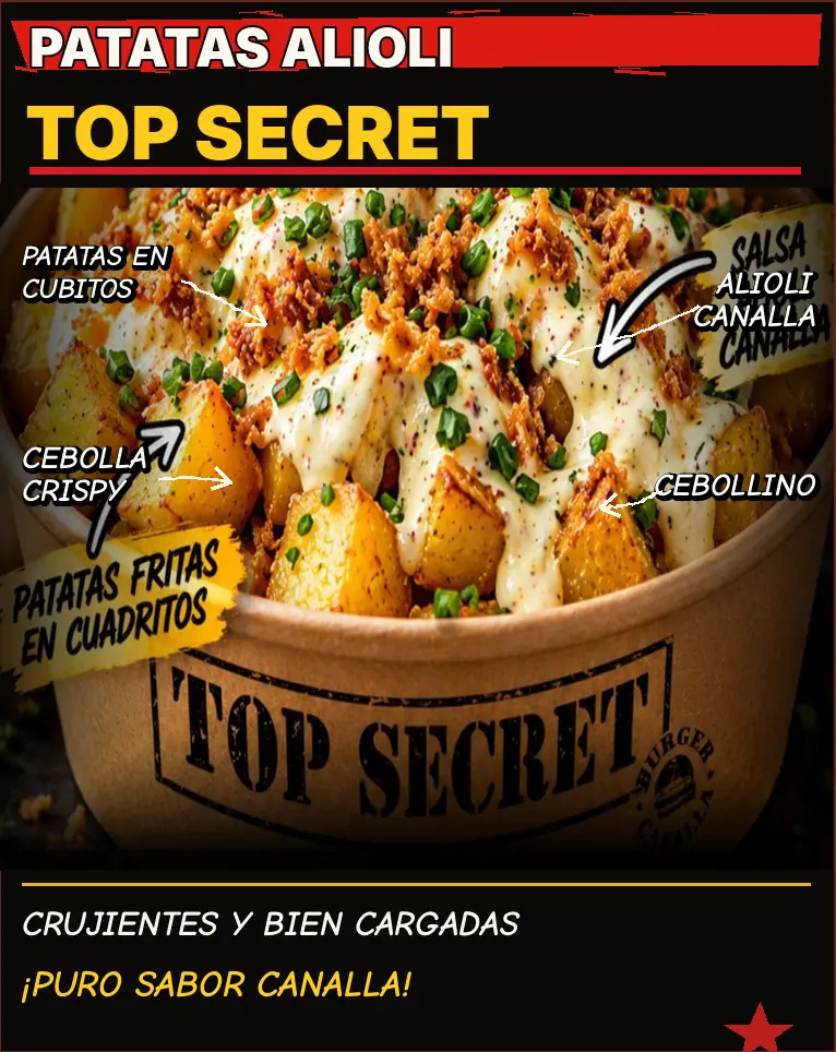 Cartel de Patatas Alioli Top Secret con sus ingredientes