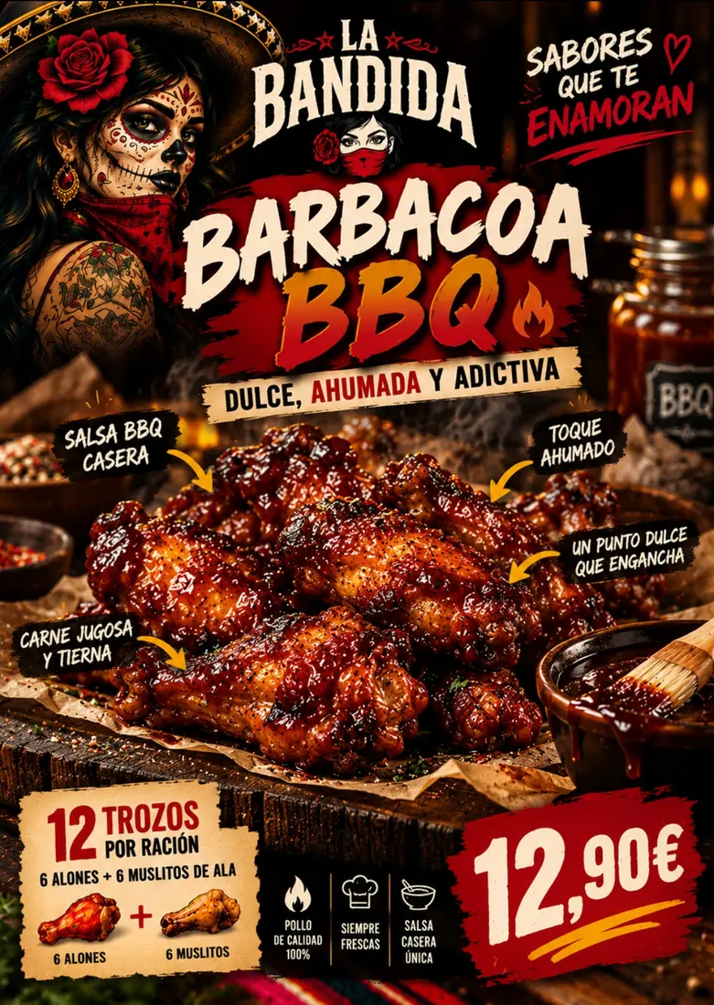 Cartel de Alitas Barbacoa BBQ con sus ingredientes