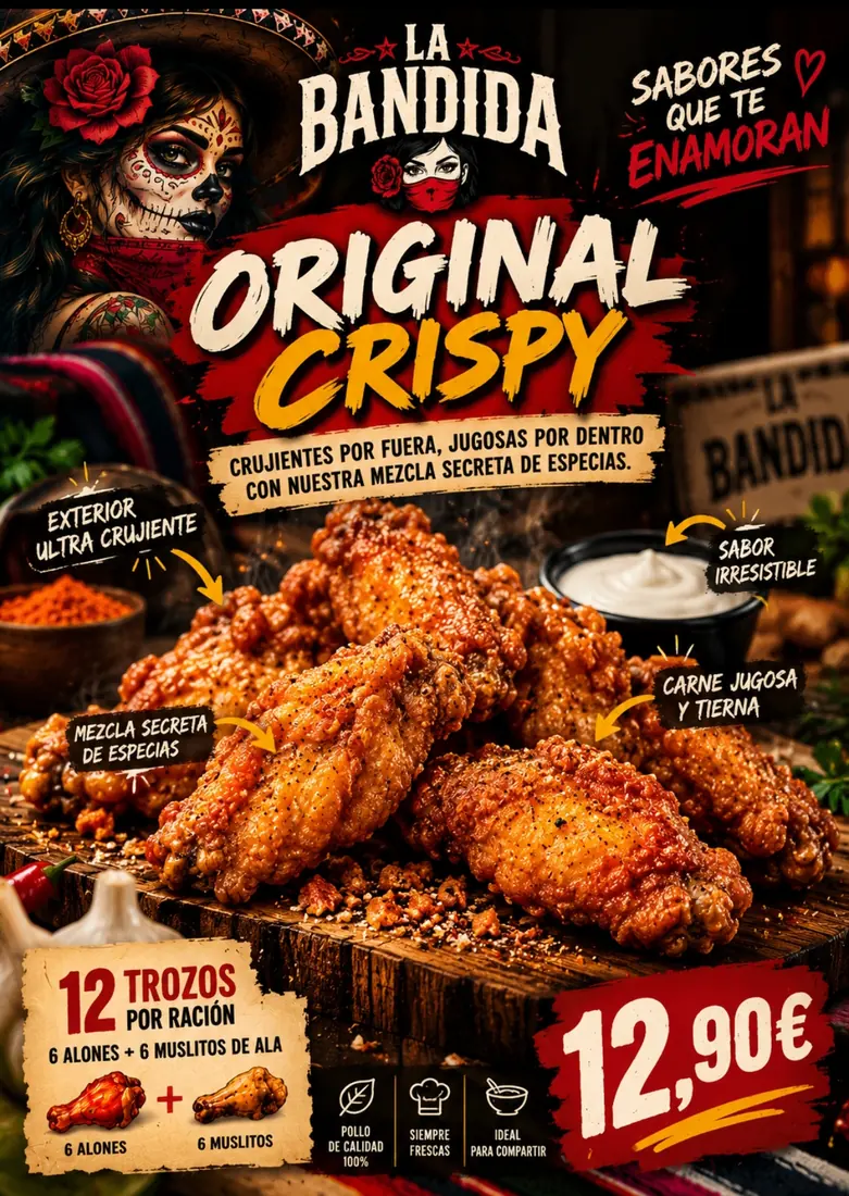 Cartel de Alitas Original Crispy con sus ingredientes