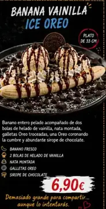 Cartel de Banana vainilla Ice Oreo con sus ingredientes