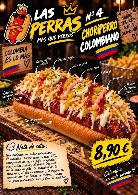 Cartel de Choriperro colombiano con sus ingredientes