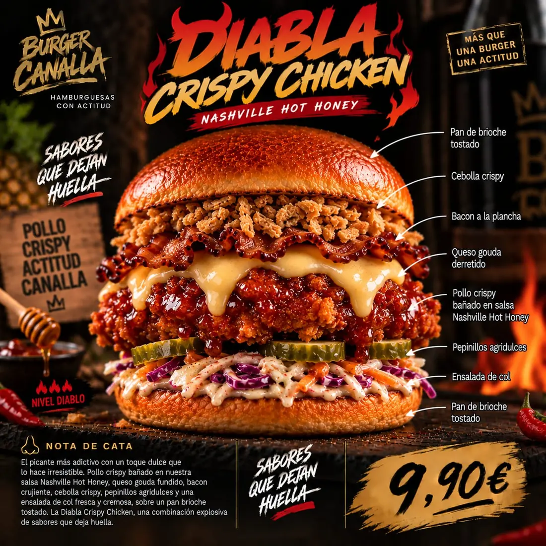 Cartel de Diabla Crispy Chicken con sus ingredientes