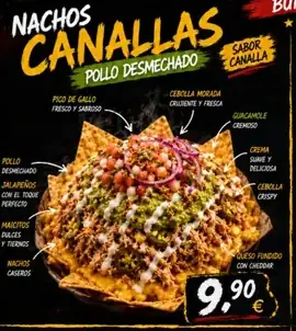 Cartel de Nachos Canallas de pollo desmechado con sus ingredientes