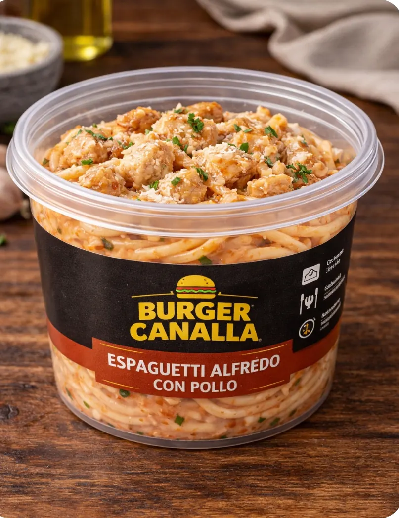 Cartel de Pasta Alfredo con pollo con sus ingredientes
