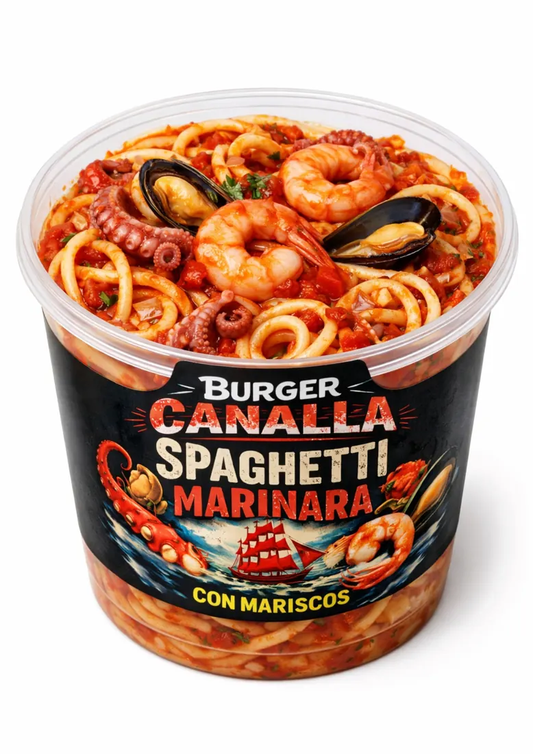 Cartel de Spaghetti Marinara con mariscos con sus ingredientes