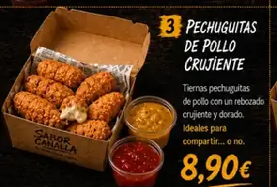 Cartel de Pechuguitas de pollo crujiente con sus ingredientes