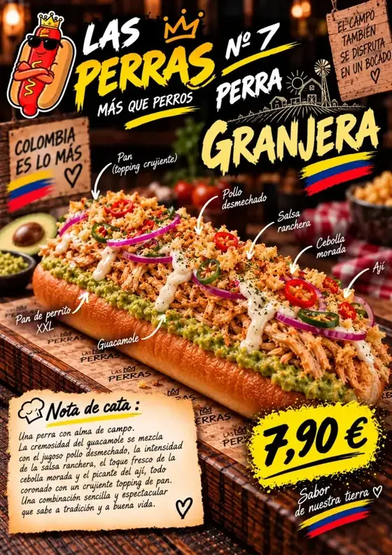 Cartel de Perra Granjera con sus ingredientes