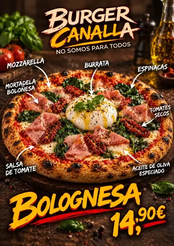 Cartel de Pizza Bolognesa con sus ingredientes