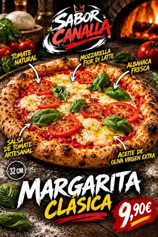 Cartel de Pizza Margarita clásica con sus ingredientes