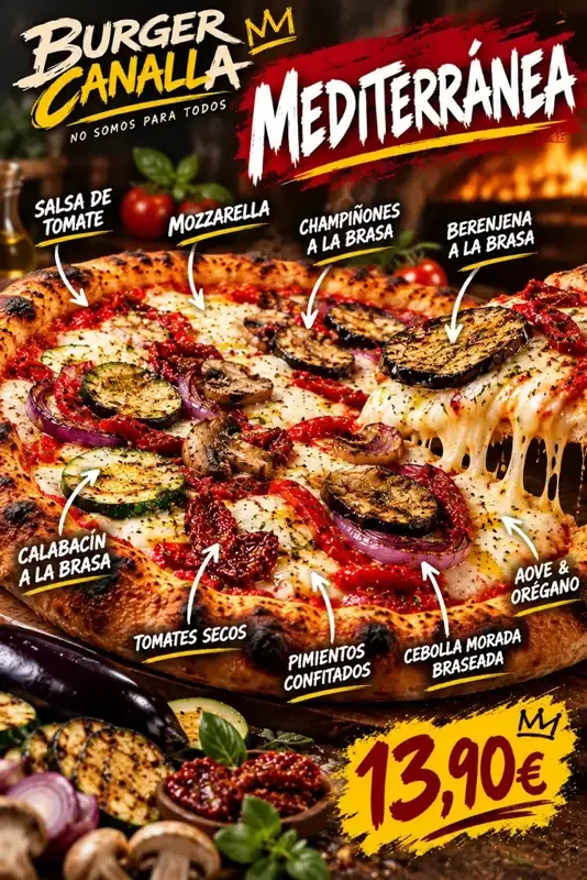 Cartel de Pizza Mediterránea con sus ingredientes