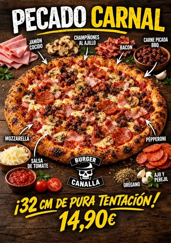 Cartel de Pizza Pecado Carnal con sus ingredientes