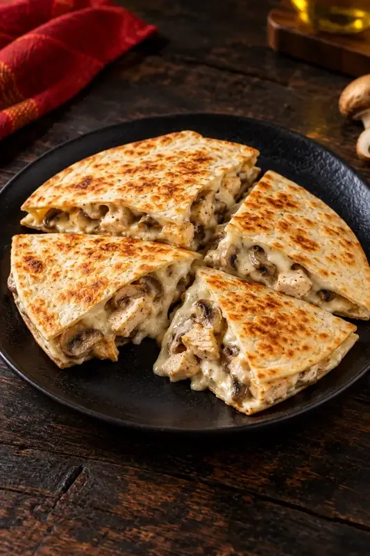 Cartel de Quesadilla de pollo y champiñones con sus ingredientes