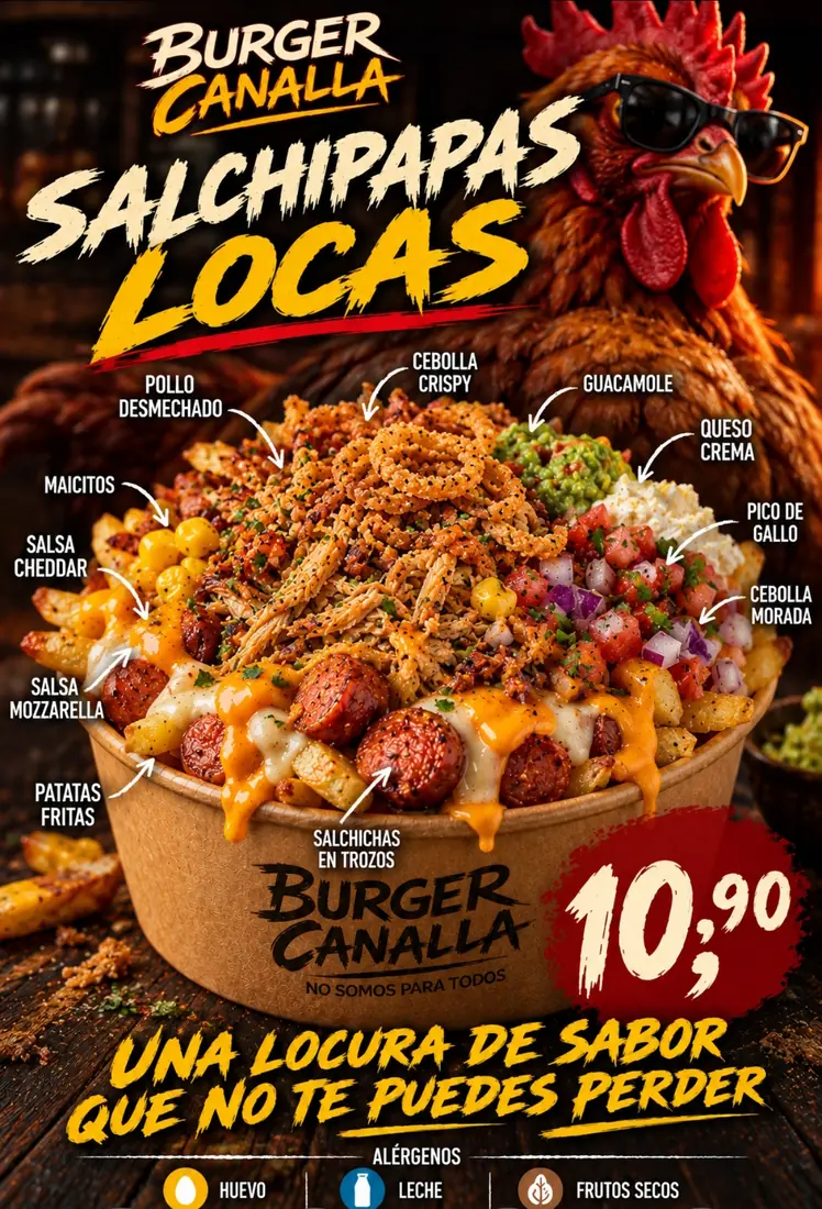 Cartel de Salchipapas Locas con sus ingredientes